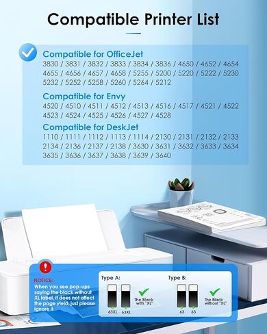 خرطوشة حبر سوداء 63XL لخرطوشة الحبر HP 63 بديلة لخرطوشة الحبر HP 63 السوداء تعمل مع HP Envy 4520 4512 OfficeJet 4650 3830 5255 5258 DeskJet 1112 2130 3630 2138 3634 F6U64AN (عبوة سوداء 2) in Kuwait