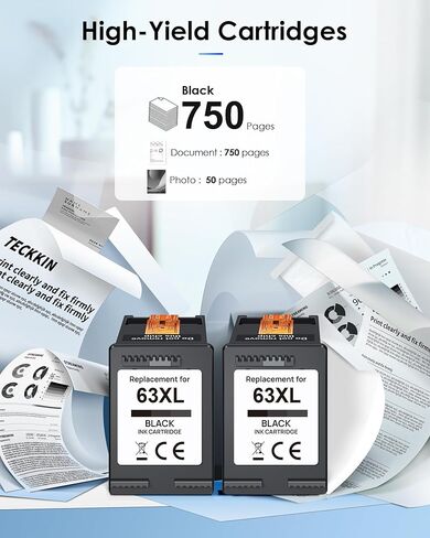 خرطوشة حبر سوداء 63XL لخرطوشة الحبر HP 63 بديلة لخرطوشة الحبر HP 63 السوداء تعمل مع HP Envy 4520 4512 OfficeJet 4650 3830 5255 5258 DeskJet 1112 2130 3630 2138 3634 F6U64AN (عبوة سوداء 2) in Kuwait