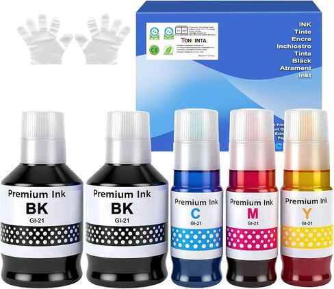 زجاجات حبر متوافقة GI-21 GI21 G3270 G3290 مكونة من 5 عبوات متعددة السعة عالية لطابعات Canon G3260 G2260 G1220 G1230 G2270 G4270 G4280 170 مل إعادة تعبئة الحبر الأسود 70 مل حبر C/M/Y in Kuwait