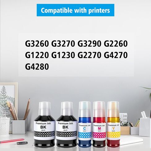 زجاجات حبر متوافقة GI-21 GI21 G3270 G3290 مكونة من 5 عبوات متعددة السعة عالية لطابعات Canon G3260 G2260 G1220 G1230 G2270 G4270 G4280 170 مل إعادة تعبئة الحبر الأسود 70 مل حبر C/M/Y in Kuwait