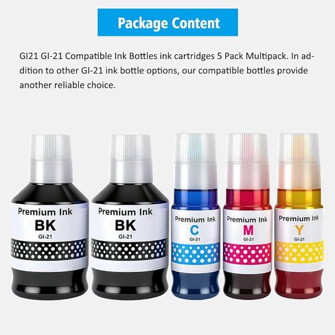 زجاجات حبر متوافقة GI-21 GI21 G3270 G3290 مكونة من 5 عبوات متعددة السعة عالية لطابعات Canon G3260 G2260 G1220 G1230 G2270 G4270 G4280 170 مل إعادة تعبئة الحبر الأسود 70 مل حبر C/M/Y in Kuwait