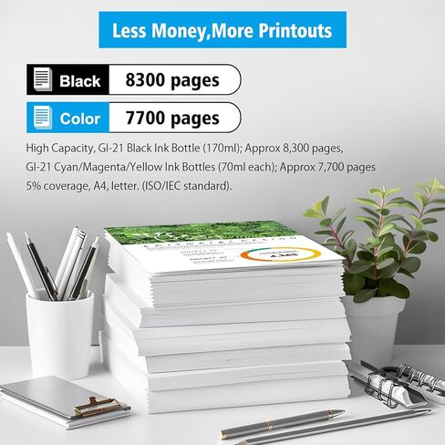 زجاجات حبر متوافقة GI-21 GI21 G3270 G3290 مكونة من 5 عبوات متعددة السعة عالية لطابعات Canon G3260 G2260 G1220 G1230 G2270 G4270 G4280 170 مل إعادة تعبئة الحبر الأسود 70 مل حبر C/M/Y in Kuwait