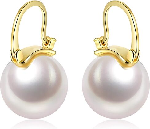 أقراط متدلية من الفضة الإسترليني عيار 14 قيراط مطلية بالذهب عيار 925 مقاس 14 ملم بيضاء مستديرة من اللؤلؤ للنساء أقراط متدلية خفيفة الوزن لمجوهرات الزفاف البسيطة لمجوهرات عيد الميلاد مطلية بالذهب والفضة in Kuwait