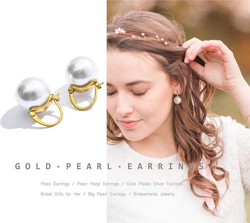 أقراط متدلية من الفضة الإسترليني عيار 14 قيراط مطلية بالذهب عيار 925 مقاس 14 ملم بيضاء مستديرة من اللؤلؤ للنساء أقراط متدلية خفيفة الوزن لمجوهرات الزفاف البسيطة لمجوهرات عيد الميلاد مطلية بالذهب والفضة in Kuwait