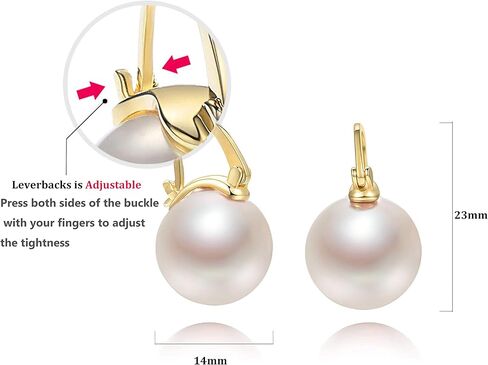 أقراط متدلية من الفضة الإسترليني عيار 14 قيراط مطلية بالذهب عيار 925 مقاس 14 ملم بيضاء مستديرة من اللؤلؤ للنساء أقراط متدلية خفيفة الوزن لمجوهرات الزفاف البسيطة لمجوهرات عيد الميلاد مطلية بالذهب والفضة in Kuwait