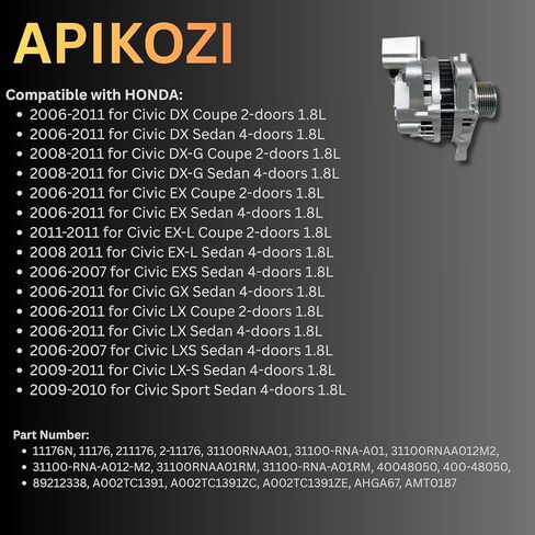 11176N مولد كهربائي جديد مناسب لـ 2006-2011 Honda Civic 1.8L L4، 80A 12V، 7-Groove Pulley، OE # 11176، 31100RNAA01، 31100RNAA01RM، 31100RNAA012M2، AHGA67، A002TC1391، SB347 in Kuwait