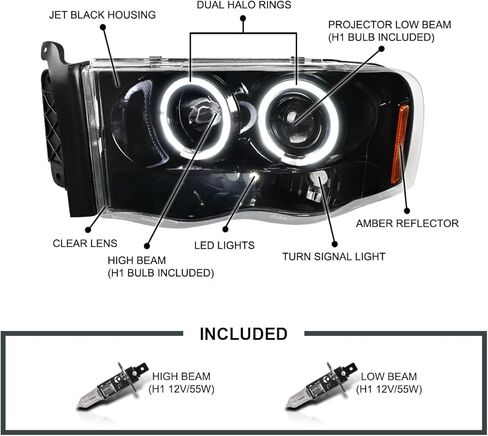 SPEC-D ضبط Jet Black Halo المصابيح الأمامية لجهاز العرض متوافقة مع 2002-2005 دودج رام 1500، 2003-2005 دودج رام 2500/3500، مجموعة المصابيح الأمامية اليسرى + اليمنى in Kuwait