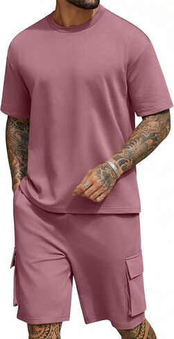 COOFANDY Men's Shirt and Shorts Set 2 Piece Fashion Summer Tracksuits Cotton Oversized T-Shirts Cargo Shorts Outfits in Kuwait