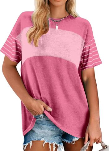 Womens Short Sleeve Tops, Color Block Striped Shirts for Women, Crewneck Oversize Blouses, Casual Summer Tops Women in Saudi Arabia