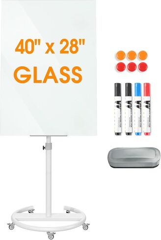 MaxGear Glass Mobile Whiteboard– 40'' x 28'' Magnetic Dry Erase Board Stand, Portable White Board Standing Dry Erase Easel Stand with 4 Markers, 6 Magnets, Eraser in Saudi Arabia