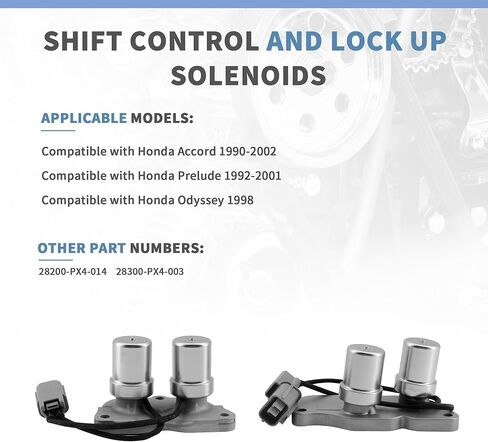 Shift Control and Lock Up Solenoids Set Compatible with Honda Accord 1990-2002, Prelude 1992-2001, Odyssey 1998, Replaces # 28200-PX4-014, # 28300-PX4-003 in Saudi Arabia