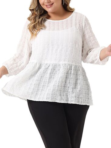 Plus Size Babydoll Blouses for Women Round Neck 3/4 Puff Sleeve Tiered Lace Peplum Tops in Saudi Arabia