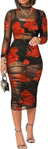 فستان ضيق شبكي مزهّر، أكمام طويلة، رقبة وهمية، طباعة وردة حمراء، طول متوسط ​​مكشكش in Kuwait