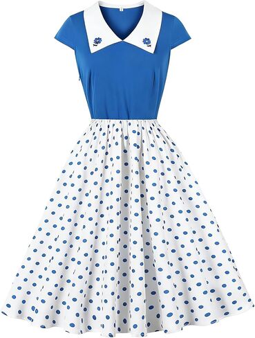 Wellwits Women's Floral Collar Polka Dots 1950s Vintage Tea Party Dress in Kuwait