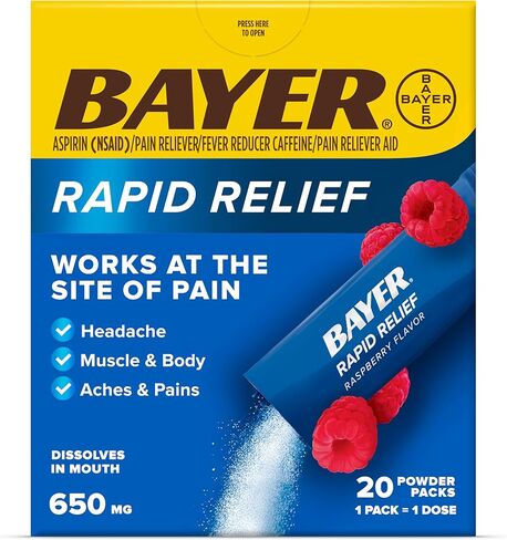 Bayer New Rapid Relief Powder Packs with Aspirin & Caffeine, Dissolvable Fast Acting Pain Relief, Works at Site of Pain to Relieve Headache, Muscle and Body Pain, Packs, Raspberry Flavor, 20 Count in Kuwait