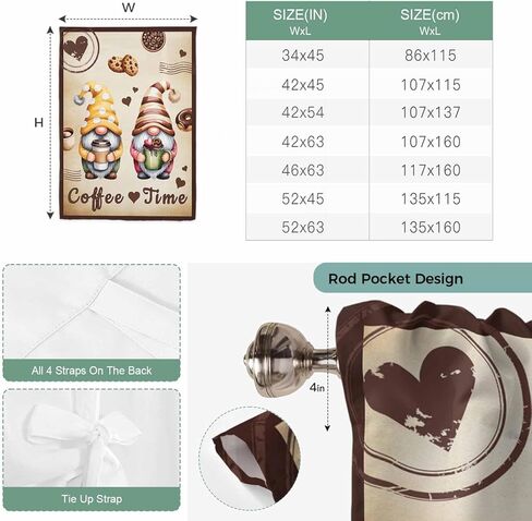 Farmhouse Coffee Time Tie Up Curtains for Window, Vintage Gnomes Desserts Burnt Brown Thermal Balloon Shade Adjustable Rod Pocket Curtains Valance Panels for Kitchen Bathroom Café 42'' x 45'' in Saudi Arabia