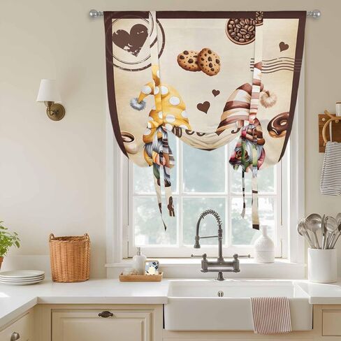 Farmhouse Coffee Time Tie Up Curtains for Window, Vintage Gnomes Desserts Burnt Brown Thermal Balloon Shade Adjustable Rod Pocket Curtains Valance Panels for Kitchen Bathroom Café 42'' x 45'' in Saudi Arabia