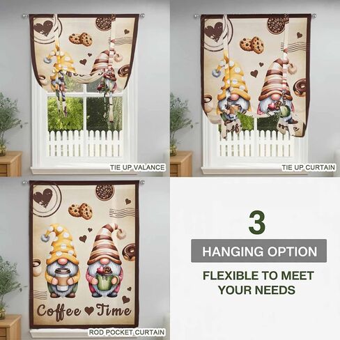 Farmhouse Coffee Time Tie Up Curtains for Window, Vintage Gnomes Desserts Burnt Brown Thermal Balloon Shade Adjustable Rod Pocket Curtains Valance Panels for Kitchen Bathroom Café 42'' x 45'' in Saudi Arabia