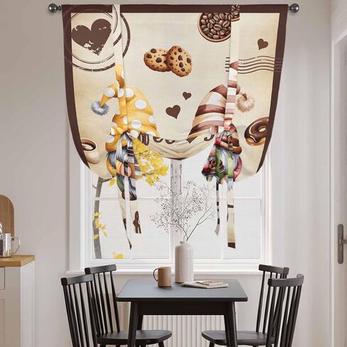 Farmhouse Coffee Time Tie Up Curtains for Window, Vintage Gnomes Desserts Burnt Brown Thermal Balloon Shade Adjustable Rod Pocket Curtains Valance Panels for Kitchen Bathroom Café 42'' x 45'' in Saudi Arabia