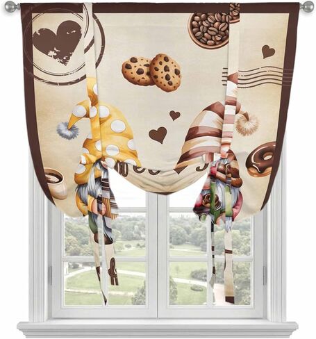 Farmhouse Coffee Time Tie Up Curtains for Window, Vintage Gnomes Desserts Burnt Brown Thermal Balloon Shade Adjustable Rod Pocket Curtains Valance Panels for Kitchen Bathroom Café 42'' x 45'' in Saudi Arabia