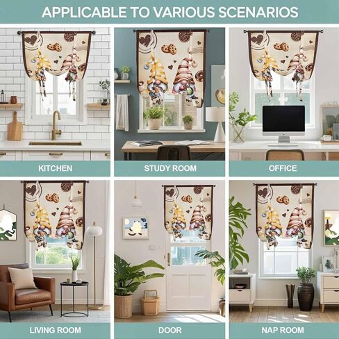 Farmhouse Coffee Time Tie Up Curtains for Window, Vintage Gnomes Desserts Burnt Brown Thermal Balloon Shade Adjustable Rod Pocket Curtains Valance Panels for Kitchen Bathroom Café 42'' x 45'' in Saudi Arabia