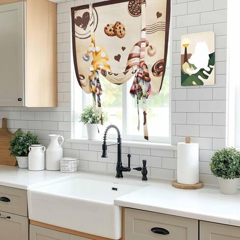 Farmhouse Coffee Time Tie Up Curtains for Window, Vintage Gnomes Desserts Burnt Brown Thermal Balloon Shade Adjustable Rod Pocket Curtains Valance Panels for Kitchen Bathroom Café 42'' x 45'' in Saudi Arabia
