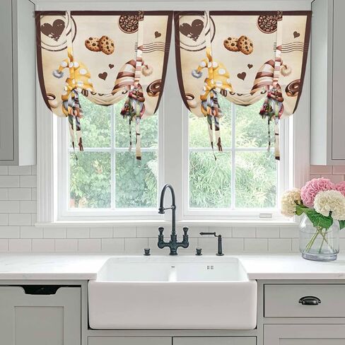Farmhouse Coffee Time Tie Up Curtains for Window, Vintage Gnomes Desserts Burnt Brown Thermal Balloon Shade Adjustable Rod Pocket Curtains Valance Panels for Kitchen Bathroom Café 42'' x 45'' in Saudi Arabia