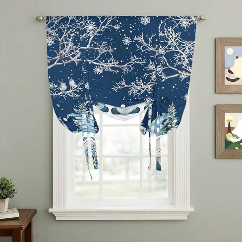 Navy Blue Gnomes Christmas Tie Up Curtains for Window, Snowflake Xmas Tree Winter Branches Thermal Balloon Shade Adjustable Rod Pocket Curtains Valance Panels for Kitchen Bathroom Café 42'' x 63'' in Saudi Arabia