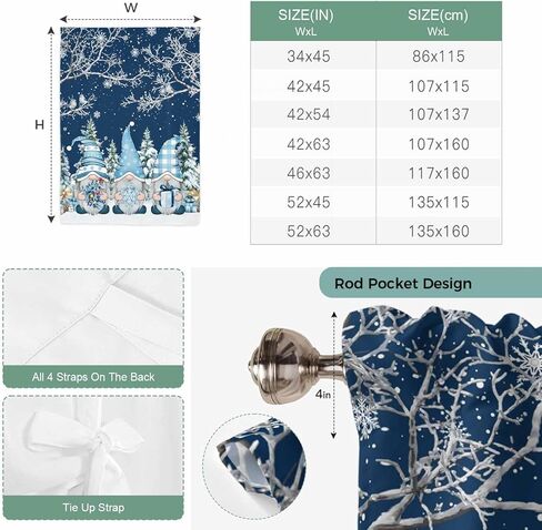 Navy Blue Gnomes Christmas Tie Up Curtains for Window, Snowflake Xmas Tree Winter Branches Thermal Balloon Shade Adjustable Rod Pocket Curtains Valance Panels for Kitchen Bathroom Café 42'' x 63'' in Saudi Arabia