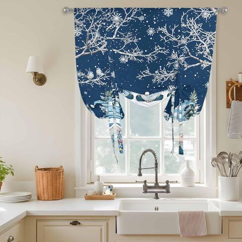 Navy Blue Gnomes Christmas Tie Up Curtains for Window, Snowflake Xmas Tree Winter Branches Thermal Balloon Shade Adjustable Rod Pocket Curtains Valance Panels for Kitchen Bathroom Café 42'' x 63'' in Saudi Arabia