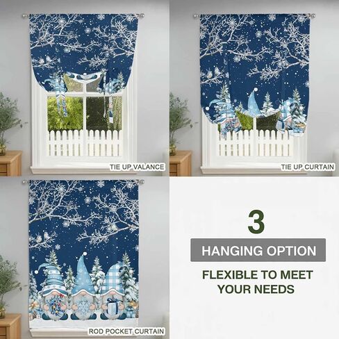 Navy Blue Gnomes Christmas Tie Up Curtains for Window, Snowflake Xmas Tree Winter Branches Thermal Balloon Shade Adjustable Rod Pocket Curtains Valance Panels for Kitchen Bathroom Café 42'' x 63'' in Saudi Arabia