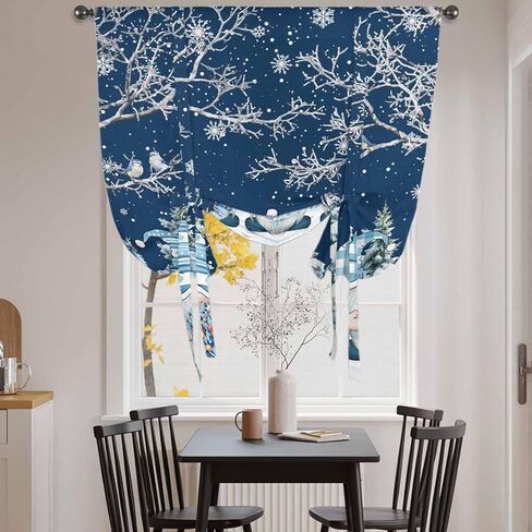Navy Blue Gnomes Christmas Tie Up Curtains for Window, Snowflake Xmas Tree Winter Branches Thermal Balloon Shade Adjustable Rod Pocket Curtains Valance Panels for Kitchen Bathroom Café 42'' x 63'' in Saudi Arabia