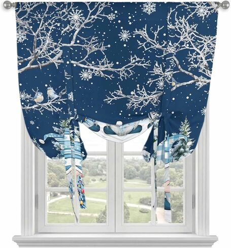 Navy Blue Gnomes Christmas Tie Up Curtains for Window, Snowflake Xmas Tree Winter Branches Thermal Balloon Shade Adjustable Rod Pocket Curtains Valance Panels for Kitchen Bathroom Café 42'' x 63'' in Saudi Arabia