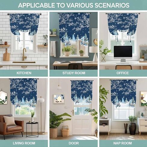 Navy Blue Gnomes Christmas Tie Up Curtains for Window, Snowflake Xmas Tree Winter Branches Thermal Balloon Shade Adjustable Rod Pocket Curtains Valance Panels for Kitchen Bathroom Café 42'' x 63'' in Saudi Arabia