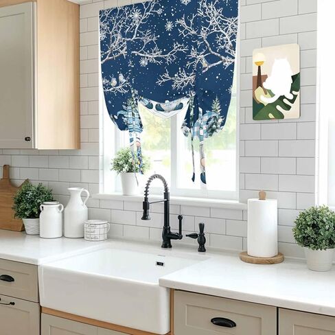 Navy Blue Gnomes Christmas Tie Up Curtains for Window, Snowflake Xmas Tree Winter Branches Thermal Balloon Shade Adjustable Rod Pocket Curtains Valance Panels for Kitchen Bathroom Café 42'' x 63'' in Saudi Arabia