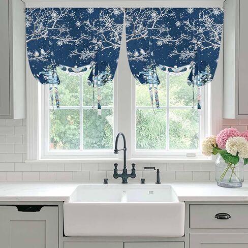 Navy Blue Gnomes Christmas Tie Up Curtains for Window, Snowflake Xmas Tree Winter Branches Thermal Balloon Shade Adjustable Rod Pocket Curtains Valance Panels for Kitchen Bathroom Café 42'' x 63'' in Saudi Arabia