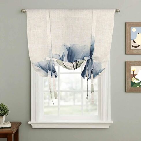 Blue Tulip Tie Up Curtains for Window, Spring Floral Retro Beige Pastoral Leaves Thermal Insulated Balloon Shade Adjustable Rod Pocket Curtains Valance Panels for Kitchen Bathroom Café 52'' x 45'' in Saudi Arabia