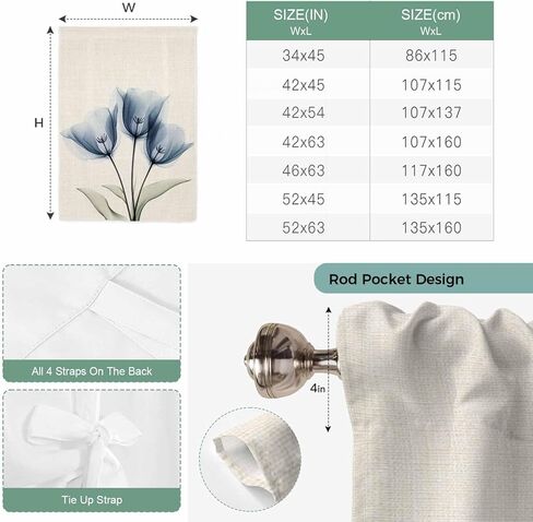 Blue Tulip Tie Up Curtains for Window, Spring Floral Retro Beige Pastoral Leaves Thermal Insulated Balloon Shade Adjustable Rod Pocket Curtains Valance Panels for Kitchen Bathroom Café 52'' x 45'' in Saudi Arabia