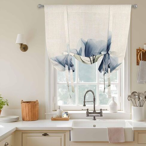 Blue Tulip Tie Up Curtains for Window, Spring Floral Retro Beige Pastoral Leaves Thermal Insulated Balloon Shade Adjustable Rod Pocket Curtains Valance Panels for Kitchen Bathroom Café 52'' x 45'' in Saudi Arabia