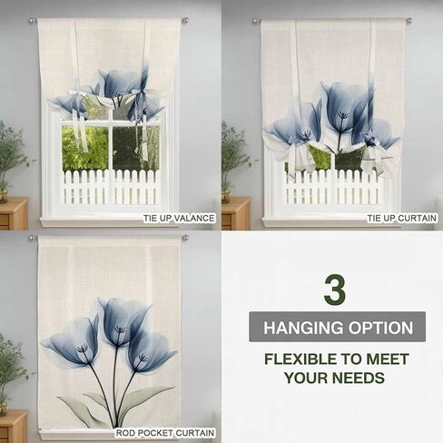 Blue Tulip Tie Up Curtains for Window, Spring Floral Retro Beige Pastoral Leaves Thermal Insulated Balloon Shade Adjustable Rod Pocket Curtains Valance Panels for Kitchen Bathroom Café 52'' x 45'' in Saudi Arabia