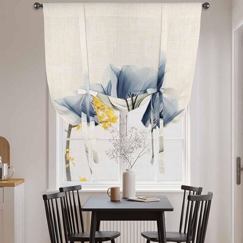 Blue Tulip Tie Up Curtains for Window, Spring Floral Retro Beige Pastoral Leaves Thermal Insulated Balloon Shade Adjustable Rod Pocket Curtains Valance Panels for Kitchen Bathroom Café 52'' x 45'' in Saudi Arabia