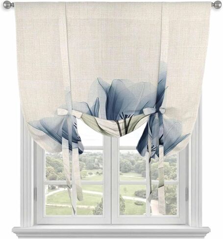 Blue Tulip Tie Up Curtains for Window, Spring Floral Retro Beige Pastoral Leaves Thermal Insulated Balloon Shade Adjustable Rod Pocket Curtains Valance Panels for Kitchen Bathroom Café 52'' x 45'' in Saudi Arabia