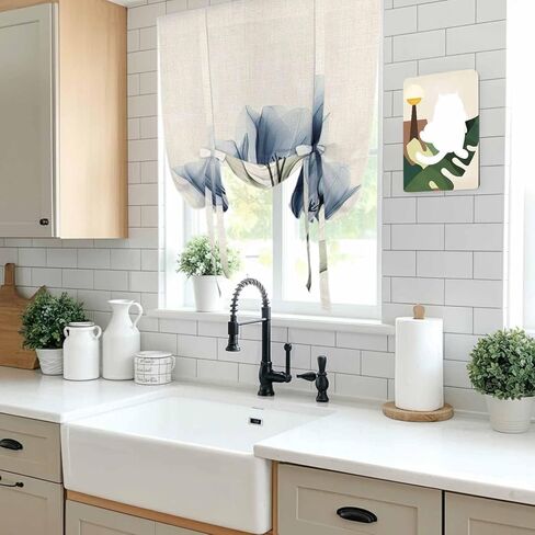 Blue Tulip Tie Up Curtains for Window, Spring Floral Retro Beige Pastoral Leaves Thermal Insulated Balloon Shade Adjustable Rod Pocket Curtains Valance Panels for Kitchen Bathroom Café 52'' x 45'' in Saudi Arabia