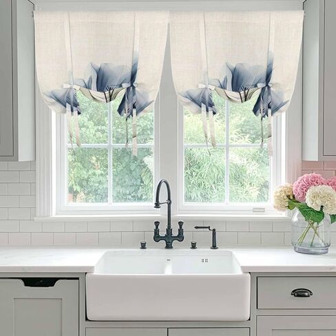 Blue Tulip Tie Up Curtains for Window, Spring Floral Retro Beige Pastoral Leaves Thermal Insulated Balloon Shade Adjustable Rod Pocket Curtains Valance Panels for Kitchen Bathroom Café 52'' x 45'' in Saudi Arabia