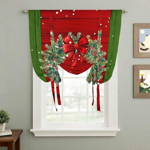 Christmas Wreath Tie Up Curtains for Window, Red Green Botanical Vintage Wooden Thermal Insulated Balloon Shade Adjustable Rod Pocket Curtains Valance Panels for Kitchen Bathroom Café 52'' x 63'' in Saudi Arabia