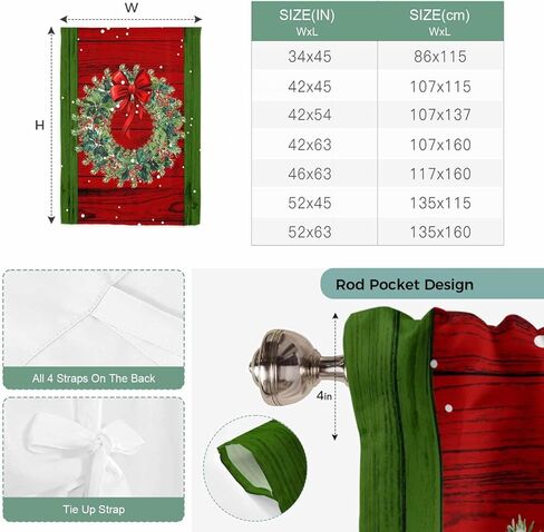 Christmas Wreath Tie Up Curtains for Window, Red Green Botanical Vintage Wooden Thermal Insulated Balloon Shade Adjustable Rod Pocket Curtains Valance Panels for Kitchen Bathroom Café 52'' x 63'' in Saudi Arabia