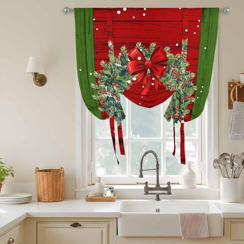 Christmas Wreath Tie Up Curtains for Window, Red Green Botanical Vintage Wooden Thermal Insulated Balloon Shade Adjustable Rod Pocket Curtains Valance Panels for Kitchen Bathroom Café 52'' x 63'' in Saudi Arabia