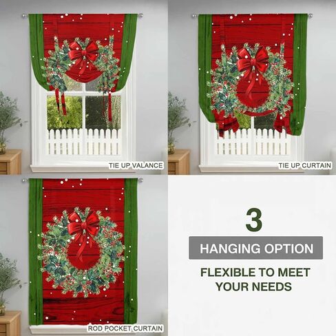 Christmas Wreath Tie Up Curtains for Window, Red Green Botanical Vintage Wooden Thermal Insulated Balloon Shade Adjustable Rod Pocket Curtains Valance Panels for Kitchen Bathroom Café 52'' x 63'' in Saudi Arabia