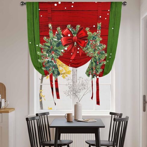 Christmas Wreath Tie Up Curtains for Window, Red Green Botanical Vintage Wooden Thermal Insulated Balloon Shade Adjustable Rod Pocket Curtains Valance Panels for Kitchen Bathroom Café 52'' x 63'' in Saudi Arabia