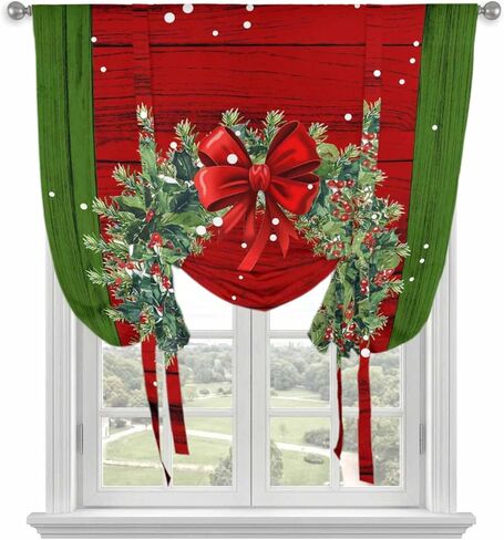 Christmas Wreath Tie Up Curtains for Window, Red Green Botanical Vintage Wooden Thermal Insulated Balloon Shade Adjustable Rod Pocket Curtains Valance Panels for Kitchen Bathroom Café 52'' x 63'' in Saudi Arabia